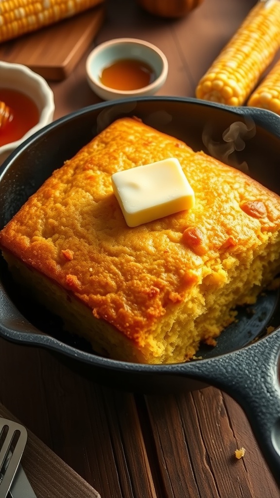 Freshly baked golden cornbread in a cast-iron skillet with melting butter on top, surrounded by honey and corn cobs.